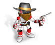 The 3D Red Robot villain holding a revolver gun with both hands.