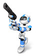 3D blue Robot  fire an aimed shot a automatic pistol. Create 3D