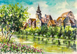 Illustration: Spring in small city on the river.Watercolors. Spring in small city on the river.Watercolors.