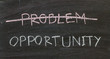 problems crossed out and opportunity on blackboard