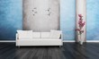 Ilustração: Modern white couch in front of blue and grey wall Modern white couch in front of blue and grey wall