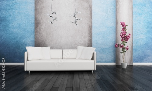 Illustration: Modern white couch in front of blue and grey wall Modern white couch in front of blue and grey wall