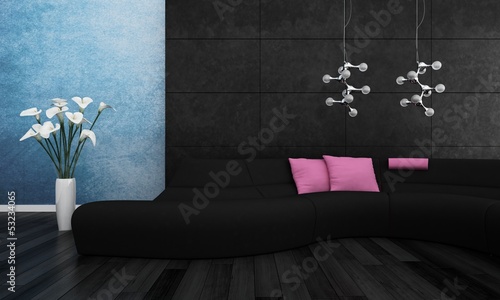 Illustration: Modern black couch with pink pillows Modern black couch with pink pillows
