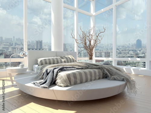 Illustration: modern design bedroom with cityscape view modern design bedroom with cityscape view