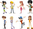 Group of eight happy cartoon children. Teenagers.