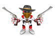 The 3D Red Robot villain holding a revolver gun with both hands.