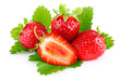 Photo: ripe juicy strawberry with green leaves ripe juicy strawberry with green leaves