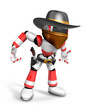 3D Red Robot villain is taking pose a gunfight. Create 3D Humano