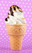 Tasty ice cream with chocolate, on purple background