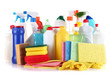 Photo: Different kinds of house cleaners and colorful sponges, gloves Different kinds of house cleaners and colorful sponges, gloves