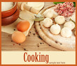 Raw dumplings, ingredients and dough, on wooden table