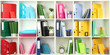 Photo: White office shelves with different stationery, close up White office shelves with different stationery, close up