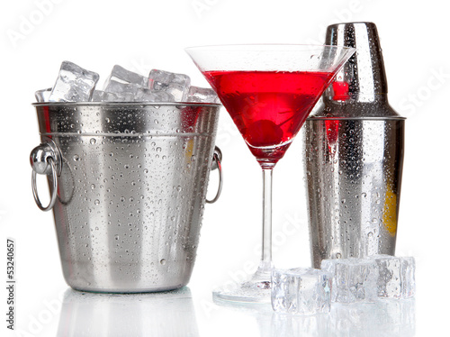 Photo: Metal ice bucket and shaker and cocktail isolated on white Metal ice bucket and shaker and cocktail isolated on white