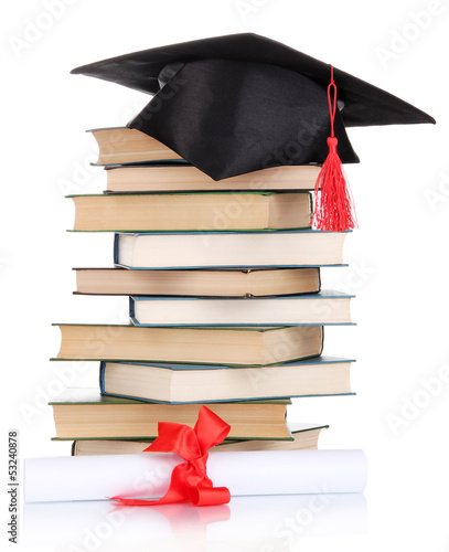 Photo: Grad hat with diploma and books isolated on white Grad hat with diploma and books isolated on white