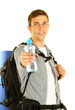 Young hiker man tourist holding bottle of water, isolated