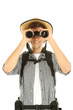 Young hiker man tourist with binocular, isolated on white