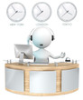 Illustration: Classic reception with 3 Clocks.Receptionist talking on headset. Classic reception with 3 Clocks.Receptionist talking on headset.
