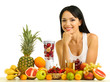 Girl with fresh fruits isolated on white