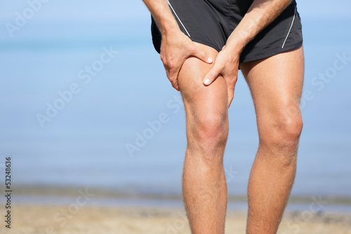Photo: Muscle injury. Man with sprain thigh muscles Muscle injury. Man with sprain thigh muscles