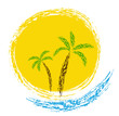 Tropical palms on island with sea. Vector icon.