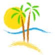 Tropical palms on island with sea. Vector logo.