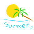Tropical palm, sea and sun. Vector logo.
