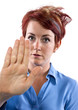 young redhead woman holding out her palm