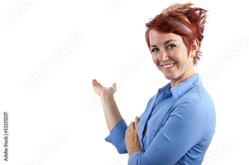 Photo: young redhead waitress on white background young redhead waitress on white background