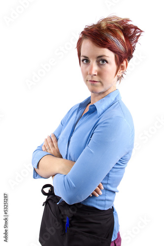 Photo: young redhead waitress on white background young redhead waitress on white background