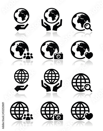 Vector: Globe earth with hands vector icons set with reflection Globe earth with hands vector icons set with reflection