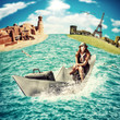 Photo: Travel. Woman with luggage on boat Travel. Woman with luggage on boat
