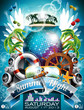 Disco ball and shipping elements on tropical background.