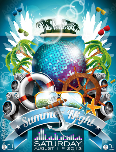 Vector: Disco ball and shipping elements on tropical background. Disco ball and shipping elements on tropical background.