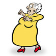 Karikatur der älteren Dame Berta, die erschrocken zurückweicht
