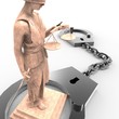 Themis statue and handcuffs over white background