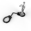 Themis statue and handcuffs over white background