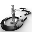 Themis statue and handcuffs over white background