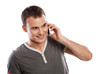 Happy man answering the phone isolated