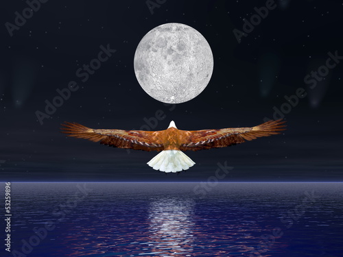 Illustration: Eagle flying to the moon - 3D render Eagle flying to the moon - 3D render