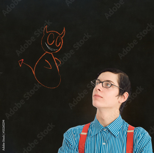 Photo: Nerd geek businessman student teacher angel devil chalk decision Nerd geek businessman student teacher angel devil chalk decision