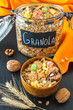 Healthy breakfast: cereal muesli (granola) with walnuts.