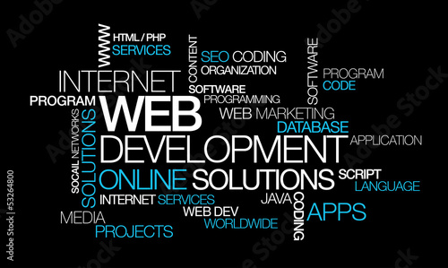 Illustration: Web development online solutions word tag cloud illustration Web development online solutions word tag cloud illustration