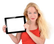 Photo: Happy Technology Woman Holding Tablet on White Happy Technology Woman Holding Tablet on White