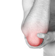 Acute pain in a man elbow. Male holding hand to spot of elbow pa