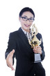 Businesswoman bring trophy and give handshake