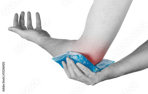 Photo: Cool ice on a swollen hurting elbow. Cool ice on a swollen hurting elbow.