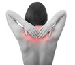 Pain. Woman holding hands back neck isolated on white background