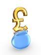 Blue purse and symbol of pound sterling.