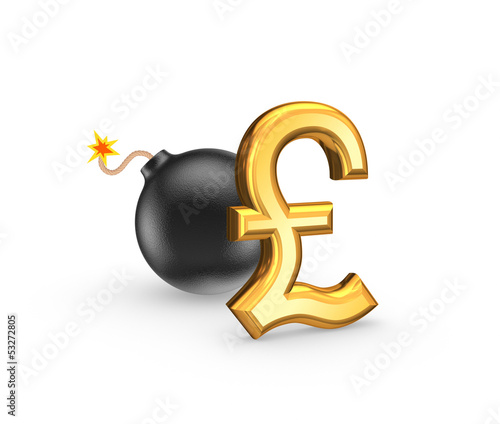 Illustration: Sign of pound sterling and black bomb. Sign of pound sterling and black bomb.