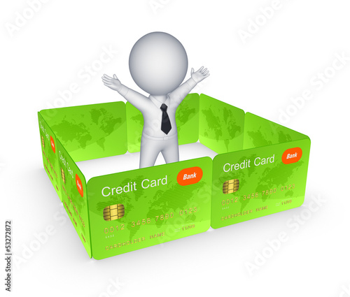 Illustration: 3d small person behind the wall of credit cards. 3d small person behind the wall of credit cards.